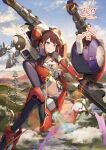  1girl alice_gear_aegis chinese_clothes closed_mouth commentary_request floating floating_object gun highres holding holding_gun holding_weapon jet_boots mecha_musume redhead solo sunga2usagi translation_request violet_eyes wang_honghua weapon 