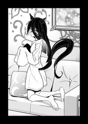  1girl :t ahoge animal_ears barefoot blush borrowed_clothes couch crossed_bangs ear_tag earrings greyscale hair_between_eyes highres horse_ears horse_girl horse_tail jewelry kimihitsuji kneeling lab_coat long_bangs long_hair long_hair_between_eyes long_sleeves looking_at_viewer manhattan_cafe_(umamusume) monochrome no_pants on_couch oversized_clothes picture_frame pillow pout simple_background single_earring sleeves_past_fingers sleeves_past_wrists solo tail umamusume very_long_hair white_background 