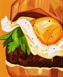  border bread bread_bun burger dripping egg egg_(food) film_grain food food_focus fried_egg hatching_(texture) highres inset_border lettuce mayonnaise meat no_humans orange_background orange_theme original pepper_(spice) quezify sauce simple_background still_life vegetable yellow_border 
