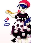 1girl :3 black_dress blue_book blue_hair blush_stickers book brand_name_imitation breasts character_name cheese_trail domino&#039;s_pizza doremy_sweet dress eating feet_out_of_frame food hand_up hat heart heart_tail holding holding_book holding_food holding_pizza itatatata logo looking_at_food medium_dress nightcap pale_skin pepperoni_pizza pizza pom_pom_(clothes) red_hat santa_hat short_hair short_sleeves simple_background small_breasts solo standing tail touhou two-tone_dress white_background white_dress zun_(style) 