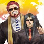  2boys beard black_hair black_jacket black_shirt cigarette collared_jacket collared_shirt facial_hair facing_viewer fate_(series) glint hand_on_another&#039;s_face height_difference highres ikuyoan iskandar_(fate) jacket lapels long_hair lord_el-melloi_ii male_focus mature_male multiple_boys necktie redhead shirt smile stole striped_necktie suit sunglasses upper_body waver_velvet white_shirt yellow_stole 