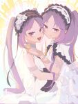  2girls :d armlet black_hairband bracelet closed_mouth dress euryale_(fate) euryale_(third_ascension)_(fate) fate/grand_order fate/hollow_ataraxia fate_(series) flower_hairband frilled_hairband frills grey_eyes hairband halo hand_on_another&#039;s_shoulder highres jewelry long_hair looking_at_viewer motamo_(motamotri) multiple_girls neck_ring open_mouth parted_bangs purple_hair siblings sidelocks sideways_glance simple_background sisters sleeveless sleeveless_dress smile stheno_(fate) stheno_(third_ascension)_(fate) twins twintails upper_body white_background white_dress white_hairband yellow_halo 