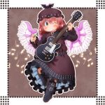  1girl animal_ears beamed_eighth_notes belt bird_ears bird_wings black_belt black_footwear blush boots brown_dress brown_eyes brown_hat choujuu_gigaku dress earrings eighth_note eighth_rest electric_guitar feathered_wings frilled_dress frilled_sleeves frills grin guitar half_note hat holding holding_instrument instrument jewelry long_sleeves matty_(zuwzi) musical_note mystia_lorelei one_eye_closed pink_hair quarter_rest short_hair single_earring sixteenth_rest sleeve_garter smile solo touhou white_wings winged_hat wings 
