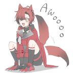  1boy animal_ears black_gloves dog_boy dog_ears dog_tail full_body gloves highres holostars holostars_english machina_x_flayon male_focus open_mouth redhead short_hair simple_background solo tail tail_wagging white_background xmayo0x 