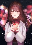  1girl blurry bokeh box brown_eyes brown_hair commentary depth_of_field highres holding holding_box jacket long_hair long_sleeves looking_at_viewer nekomaaro open_mouth original smile solo sweater valentine 