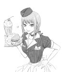  1girl absurdres apron bow breasts burger chainsaw_man commentary_request employee_uniform eyebrows_hidden_by_hair food hair_bow hand_on_own_hip heart highres holding holding_tray iing_naoe large_breasts makima_(chainsaw_man) milkshake narrow_waist ringed_eyes sidelocks skirt smile solo tray uniform upper_body waist_apron waitress 