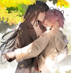  2girls akemi_homura black_hair closed_eyes closed_mouth coat day hair_ribbon hand_on_another&#039;s_neck highres holding_hands kaname_madoka kaosmccloud kiss kissing_forehead long_hair long_sleeves mahou_shoujo_madoka_magica multiple_girls open_mouth outdoors pink_hair red_ribbon ribbon short_twintails smile sweater tree twintails twitter_username white_coat white_sweater yuri 