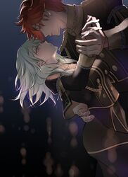  1boy 1girl aqua_hair black_jacket byleth_(female)_(fire_emblem) byleth_(fire_emblem) dancing fire_emblem fire_emblem:_three_houses garreg_mach_monastery_uniform green_eyes hand_on_another&#039;s_waist highres holding_hands jacket kazu20200224 looking_at_another medium_hair redhead short_hair sylvain_jose_gautier uniform 