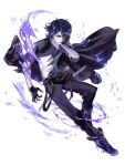  1boy absurdres black_footwear black_gloves black_hair black_jacket black_pants bracelet covering_one_eye full_body gloves highres jacket jewelry male_focus original pants parted_lips shirt shoes short_hair sneakers sumitoto_octo sword violet_eyes weapon white_background white_shirt 