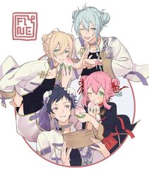  4boys ;t ahoge artist_logo bamboo_steamer baozi bishounen black_jacket border bun_cover chinese_clothes chinese_food choker double_bun dual_wielding earrings ensemble_stars! fine_(ensemble_stars!) food fushimi_yuzuru hair_bun hair_up hand_on_own_hip hibiki_wataru highres himemiya_tori himemiya_tori_(togenkyo) hip_vent holding holding_food inset_border jacket jewelry longevity_peach_bun male_focus multiple_boys open_clothes open_jacket outside_border palm-fist_greeting purple_choker red_border red_choker rice_(rice8p) round_border round_image shirt simple_background single_earring tassel tassel_earrings tenshouin_eichi white_background white_jacket 
