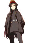  1girl black_hair black_hat black_jacket black_pants breasts buttons echo_(circa) fate/grand_order fate_(series) hat jacket koha-ace long_hair long_sleeves looking_at_viewer oda_nobunaga_(fate) oda_uri pants peaked_cap red_eyes small_breasts solo 