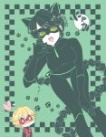  adrien_agreste animal_ears black_bodysuit black_hair black_mask blonde_hair blush bodysuit braid cat_ears cat_girl green_background green_eyes heart highres lady_noir looking_at_viewer marinette_dupain-cheng mask miraculous_ladybug misterbug_(character) open_mouth paw_pose red_bodysuit red_mask single_braid superhero_costume umtk_mrmr 