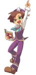  1boy arm_up blue_bow book bow brown_footwear brown_hair full_body glasses green_eyes hat holding holding_book karatou klug_(puyopuyo) male_focus open_mouth pants pocket_watch pointing pointing_up purple_hat purple_pants purple_vest puyopuyo puyopuyo_fever shirt short_hair tassel vest watch white_shirt wing_hat_ornament 