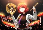  1girl absurdres black_shirt collared_shirt commentary dated drumsticks english_text gift_art happy_birthday highres holding holding_drumsticks horikawa_raiko looking_at_viewer necktie purple_necktie red_eyes redhead shirt signature smile solo touhou upper_body v-shaped_eyebrows xen0moonz 