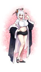  1girl absurdres angry baek-do_(eat_the_world_tree) bare_legs blush breasts cherry_blossoms collarbone eat_the_world_tree eyebrows eyebrows_visible_through_hair eyelashes floral_print hair_ornament hairpin hand_on_own_hip highres huge_breasts japanese_clothes jewelry kimono large_breasts looking_at_viewer mopqrkdnl1 navel novelpia open_clothes open_kimono red_eyes red_lips sandals shirt shorts signature simple_background white_hair 