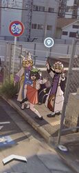 3girls a-pose animal_ears arms_up black_footwear blonde_hair blue_tabard brown_hair cat_ears cat_tail chain-link_fence chen closed_eyes closed_mouth dress earrings fang fence fox_ears fox_tail full_body gap_(touhou) google_street_view hair_ribbon hat high_school_girls_posing_for_google_street_view_(meme) highres jewelry kitsune leg_up light_smile looking_at_viewer medium_hair meme mob_cap multiple_girls no_pupils onionmay open_mouth outstretched_arm photo_background pleated_skirt purple_tabard raised_curb red_skirt red_vest ribbon road_sign shirt sidelocks sign single_earring skin_fang skirt smile socks standing standing_on_one_leg tabard tactile_paving tail touhou vest violet_eyes white_dress white_hat white_shirt white_socks yakumo_ran yakumo_yukari 