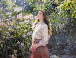  1girl brown_hair brown_skirt bush day flower highres long_hair looking_to_the_side oil_painting_(medium) original painting_(medium) pink_flower pink_rose plant rose rose_bush shadow shirt skirt solo traditional_media tsukiyo_ono white_shirt 