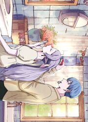  1boy 1girl blue_hair breasts brushing_hair contemporary dress earrings frieren grey_hair hair_brush hair_tie_in_mouth highres himmel_(sousou_no_frieren) holding_another&#039;s_hair jewelry long_hair mouth_hold pointy_ears puffy_short_sleeves puffy_sleeves short_sleeves sideways signature sink small_breasts sousou_no_frieren tm102tm white_dress window yawning 