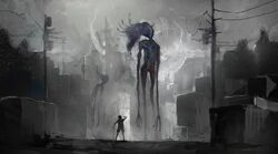  1other fog giant giant_monster hat highres horror_(theme) kohata_(kohatazuke) long_arms looking_at_monster looking_down looking_up monster monster_focus original outdoors power_lines science_fiction shipping_container skinny tree utility_pole 