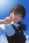  1girl black_hair chainsaw_man clouds cloudy_sky fourth_east_high_school_uniform green_eyes mitaka_asa school_uniform sky smile teeth v yao_liao_wang 