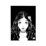  1girl artist_logo artist_name black_background black_eyes black_lips black_shirt blending border bow choker collarbone crying godiva_ghoul greyscale hair_bow long_hair looking_at_viewer mole mole_on_forehead mole_under_eye monochrome multiple_moles original parted_bangs parted_hair parted_lips portrait shirt simple_background solo straight-on teeth wavy_hair white_border 