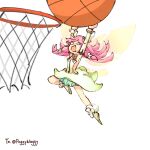  1girl alonemistrist armpits ball basketball basketball_(object) basketball_hoop dragalia_lost dress fairy fairy_wings flower full_body hair_flower hair_ornament long_hair notte_(dragalia_lost) open_mouth pink_hair slam_dunk_(basketball) sleeveless sleeveless_dress solo white_background wings 