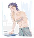  1boy bathroom blue_hair bunnyclvb closed_eyes dr._ratio_(honkai:_star_rail) english_commentary eyeliner honkai:_star_rail honkai_(series) makeup male_focus midriff short_hair solo toned toned_male topless_male towel 