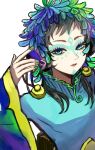  1other androgynous blue_eyes blue_hair dress facepaint facial_mark feathers forehead_mark gnosia green_hair headphones highres long_hair long_sleeves looking_at_viewer makeup multicolored_hair other_focus raqio short_hair simple_background solo streaked_hair tattoo tyutyutyuur upper_body 