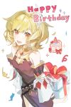  1girl bare_shoulders blonde_hair brown_dress citrinne_(fire_emblem) dress fire_emblem fire_emblem_engage gem gift gold_choker happy_birthday highres holding holding_gift manymanylilies open_mouth red_eyes red_gemstone solo 
