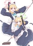  2girls :d absurdres animal_ear_headphones animal_ears apron arm_up black_dress blonde_hair blue_archive blue_ribbon blush bow closed_mouth collared_dress commentary_request densaneraa dress fake_animal_ears frilled_apron frilled_dress frills green_eyes hair_between_eyes hair_bow halo headphones highres holding long_sleeves maid maid_apron maid_headdress midori_(blue_archive) midori_(maid)_(blue_archive) momoi_(blue_archive) momoi_(maid)_(blue_archive) multiple_girls neck_ribbon pink_bow pleated_dress puffy_long_sleeves puffy_sleeves ribbon siblings simple_background sisters smile tail twins twintails v-shaped_eyebrows violet_eyes white_apron white_background 