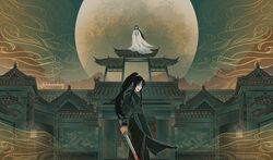  2boys architecture black_hair black_hanfu blood blood_on_weapon building chinese_clothes clouds commentary_request dragon east_asian_architecture eastern_dragon from_below full_moon green_sky hair_ribbon hanfu high_ponytail highres holding holding_sword holding_weapon hua_cheng huaepiphany huge_moon lantern layered_clothes limited_palette long_hair long_sleeves male_focus mask moon mountainous_horizon multiple_boys night night_sky on_roof open_door ponytail ribbon rooftop scenery signature sky smoke spoilers standing sword symmetry tianguan_cifu very_long_hair weapon white_hanfu white_mask white_ribbon wide_sleeves xie_lian 