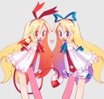  2girls batrobin_k blue_eyes blush bow demon_tail demon_wings disgaea dress dual_persona flat_chest flonne flonne_(fallen_angel) hairband heart highres leotard long_hair looking_at_viewer multiple_girls open_mouth pointy_ears red_eyes red_leotard shorts smile tail tail_bow tail_ornament very_long_hair white_dress wings 