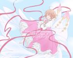  1girl barefoot blue_sky blush bouquet brown_hair cardcaptor_sakura closed_eyes dress fairy_wings flower flying happy_birthday holding holding_bouquet kinomoto_sakura open_mouth pink_dress pink_flower pink_ribbon pink_rose ribbon rose rui_(tsukihana) short_hair sky smile solo wings 