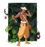  1boy abs bare_shoulders black_hair clenched_teeth commentary curly_hair dark-skinned_male dark_skin facial_hair forest goatee goggles goggles_around_neck hat headphones highres holding holding_slingshot holding_weapon ikuman long_nose looking_at_viewer male_focus medium_hair nature one_piece outdoors overalls signature slingshot_(weapon) smile solo teeth topless_male usopp weapon 