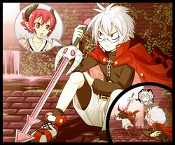  1girl 2boys almaz_von_almadine_adamant anger_vein booism demon_boy demon_girl disgaea english_commentary glasses hair_between_eyes holding holding_sword holding_weapon horns long_sleeves makai_senki_disgaea_3 mao_(disgaea) multiple_boys object_through_head pink_eyes pink_hair pointy_ears raspberyl red_eyes round_eyewear shoelaces shoes short_hair shorts sneakers sword sword_in_head weapon white_hair 