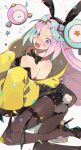  animal_ears bare_shoulders black_leotard blue_hair blush bow bow-shaped_hair bowtie breasts character_hair_ornament fake_animal_ears hair_ornament high_heels highres iono_(pokemon) jacket kawasaki_(kwsk_8765) leotard long_hair looking_at_viewer magnemite multicolored_hair open_mouth oversized_clothes pink_hair playboy_bunny pokemon pokemon_sv rabbit_ears rabbit_tail sharp_teeth sleeves_past_fingers sleeves_past_wrists strapless strapless_leotard tail teeth thigh-highs two-tone_hair yellow_jacket 