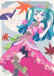  1girl :d autumn_leaves bare_shoulders blue_eyes blunt_bangs blunt_ends brown_thighhighs commentary_request detached_sleeves dress feathers feet_out_of_frame green_hair hairband hand_fan hands_up holding holding_fan idol_clothes ku_(residual666) long_hair looking_at_viewer open_mouth pink_dress pink_hairband pretty_series pripara smile solo standing thigh-highs tsukikawa_chili two_side_up 