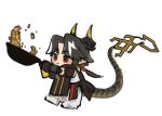  1boy arknights black_hair chibi chinese_commentary chong_yue_(arknights) commentary_request cooking dragon_boy dragon_horns dragon_tail earrings full_body green_eyes hands_up horns jewelry long_hair long_sleeves looking_at_food looking_to_the_side low_ponytail male_focus multicolored_eyes multicolored_hair pointy_ears red_eyes shinra_18 single_sleeve solo streaked_hair tail white_background white_hair wok 