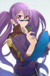  1girl breasts clipboard echo_(circa) fate/grand_order fate_(series) glasses jacket long_hair long_sleeves medium_breasts pen puckered_lips purple_hair purple_jacket sion_eltnam_sokaris solo twintails violet_eyes 