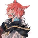  1boy :d animal_ears cat_ears crystal_exarch dated final_fantasy final_fantasy_xiv from_side g&#039;raha_tia hood hood_down itowo_(itowc) male_focus material_growth miqo&#039;te red_eyes redhead signature simple_background smile solo white_background 