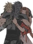 1girl 2boys aerith_gainsborough armor bandaged_arm bandages belt black_belt black_gloves black_hair black_pants black_sweater blonde_hair bracelet brown_hair closed_eyes cloud_strife dress final_fantasy final_fantasy_vii final_fantasy_vii_remake gloves group_hug hand_on_another&#039;s_back hand_on_another&#039;s_head highres hug jacket jewelry long_hair multiple_belts multiple_boys muted_color open_clothes open_jacket pants parted_bangs pauldrons pink_dress red_jacket roku_(gansuns) short_hair short_sleeves shoulder_armor simple_background sleeveless sleeveless_sweater spiky_hair standing suspenders sweater tearing_up upper_body very_long_hair wavy_hair white_background zack_fair 