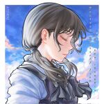  1girl ai_shou artist_name blue_sky border chainsaw_man closed_eyes clouds collared_shirt english_text highres light_particles low_twintails mitaka_asa parted_lips school_uniform shirt sky solo teeth twintails upper_body white_border white_shirt 
