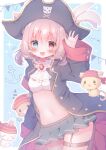  &gt;:) :3 :d animal_ears black_skirt blue_eyes cat_ears hanasakichu hat heterochromia highres navel open_mouth original pink_hair pirate pirate_costume pirate_hat red_eyes skirt skull_and_crossbones smile stomach v-shaped_eyebrows variant_set 