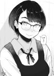  1girl absurdres blush dated glasses greyscale hadashi_no_kenji hair_ornament hairclip highres looking_at_viewer monochrome original parted_bangs school_uniform short_hair smile solo speech_bubble upper_body 