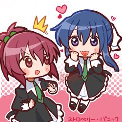  2girls :d ^^^ aoi_nagisa bad_id bad_twitter_id black_dress blue_hair blush chibi collared_dress commentary_request copyright_name dress garubegaru hair_between_eyes hair_bobbles hair_ornament hanazono_shizuma hands_on_own_cheeks hands_on_own_face hands_up heart heart_in_mouth highres inactive_account juliet_sleeves long_hair long_sleeves looking_at_another multiple_girls open_mouth outline pink_background ponytail puffy_sleeves purple_hair school_uniform smile standing strawberry_panic! translation_request v-shaped_eyebrows violet_eyes white_outline 