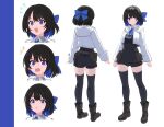  1girl :d :o aroha_j belt_pouch black_footwear black_hair black_thighhighs blue_bow blue_eyes blue_hair bow colored_inner_hair facing_away hair_bow highres multicolored_hair multiple_views pixiv_fantasia pixiv_fantasia_scepter_of_zeraldia pouch reference_sheet shorts smile standing thigh-highs 