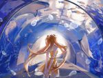  1girl absurdres aquarium aquarium_tunnel arms_behind_back back brown_hair dress fish floating_hair flower from_behind highres holding holding_flower interface_headset jellyfish ling_ye_zzz long_hair neon_genesis_evangelion orange_hair shark solo souryuu_asuka_langley stingray sundress tunnel two_side_up yellow_dress 