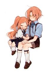  1boy 1girl blue_shirt blue_skirt brother_and_sister brown_shorts closed_eyes closed_mouth collared_shirt ensemble_stars! green_eyes long_hair low_ponytail open_mouth orange_hair sapphire_(nine) shirt short_sleeves shorts siblings simple_background skirt smile socks suspender_shorts suspender_skirt suspenders tsukinaga_leo tsukinaga_ruka two_side_up very_long_hair white_background white_shirt white_socks 