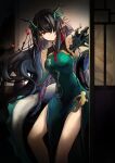  1girl arknights black_hair china_dress chinese_clothes dragon_girl dragon_horns dragon_tail dress dusk_(arknights) dusk_(everything_is_a_miracle)_(arknights) earrings fiery_tail gradient_skin green_dress green_horns highres horns jewelry long_hair multicolored_hair pointy_ears red_eyes shengyuan_03 sleeveless sleeveless_dress solo streaked_hair tail tassel tassel_earrings 