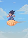  1boy black_hair blue_sky child clouds cloudy_sky commentary dated_commentary day dragon_ball highres male_focus meteorstaar outdoors short_hair sky smile solo son_goku spiky_hair staff 